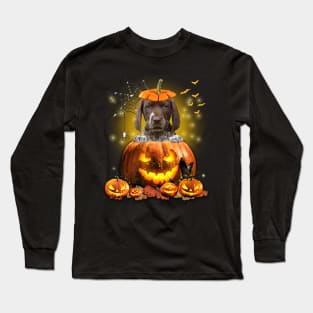 German Shorthaired Pointer Spooky Halloween Pumpkin Dog Head Long Sleeve T-Shirt